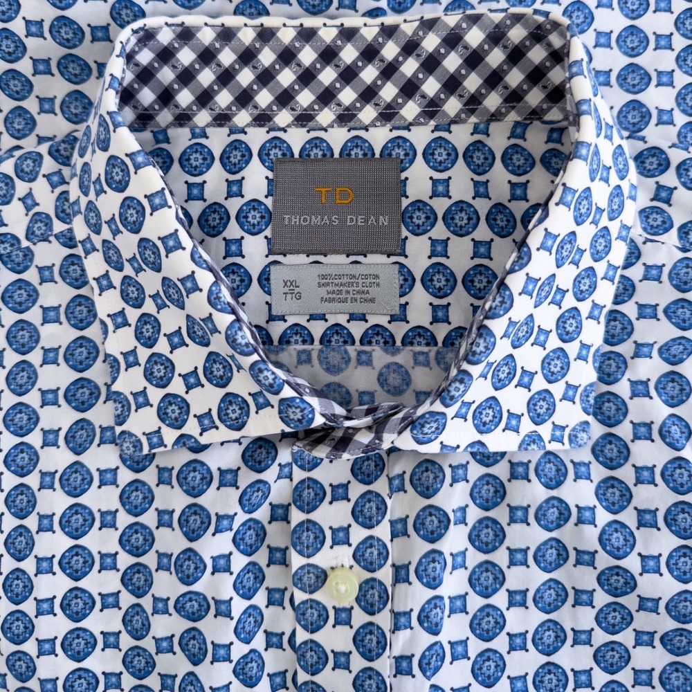 Thomas Dean Mens XXL Blue White Geometric Medallion Print Cotton Button Down
